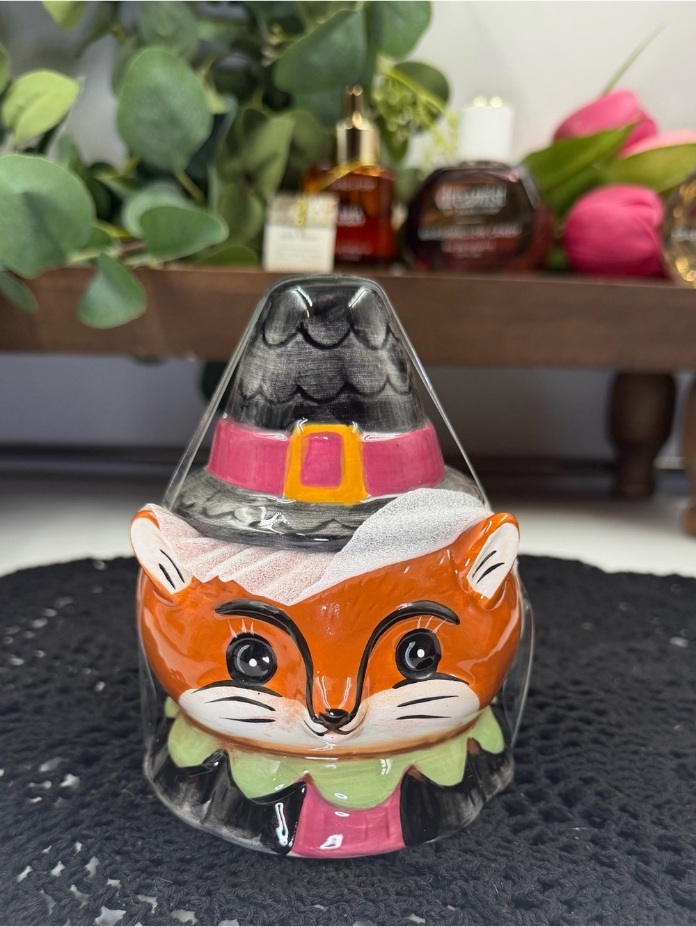 johanna parker thanksgiving pilgrim fox ceramic canister jar fall harvest 5”